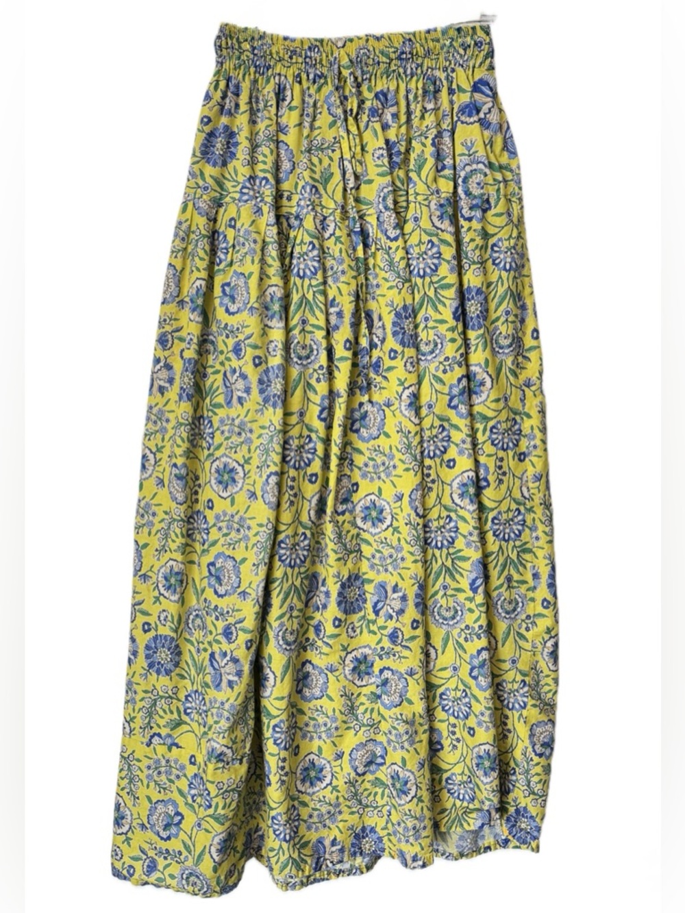 Boho Floral Cotton Maxi Skirt Yellow Blue Block Print Cottagecore Elastic Waist